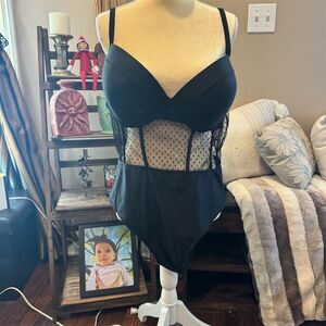 Women's Black Mesh One-Piece Swimsuit Polka Dot Push Up Adjustable Strap